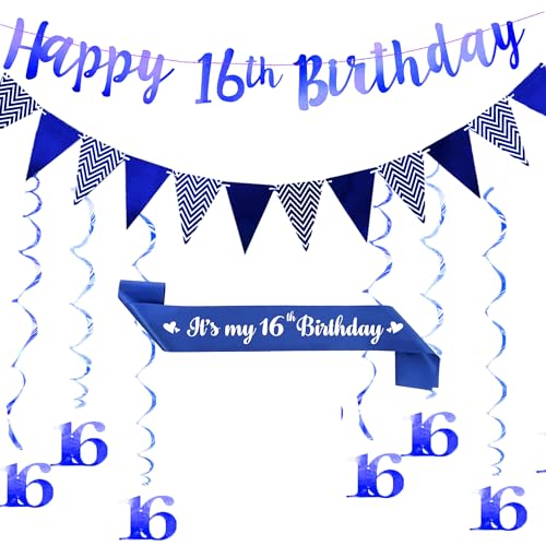 Happy 16th Birthday Decorations Boy - Blue 16 Birthday Party Decoration Bunting Banner Number 16 Hanging Swirls It'S My 16th Birthday Schärpe for Teen Boy 16 Years Old Birthday Party Supplies von Aoyama