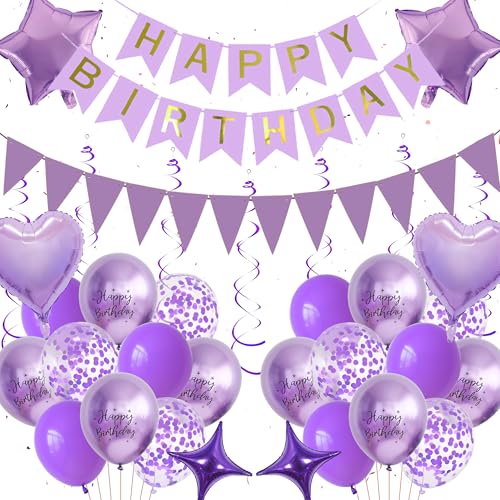 Happy Birthday Banner Party Dekorationen - Lila Thema Dekoration Kit Enthält Banner Wimpel Hängende Wirbel Latex Stern Liebe Herz Luftballons für Mädchen und Frauen Party Supplies von Aoyama