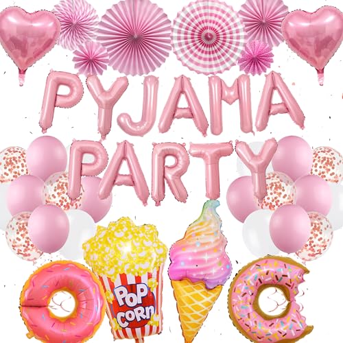 Pyjama Party Dekorationen für Mädchen - 38 Stück Slumber Party Supplies Set enthält Papierfächer, Latex, Buchstabe, Herz, Popcorn, Eis, Donut Ballons für Mädchen Sleepover Supplies von Aoyama