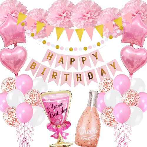 Rosa Geburtstagsdekorationen für Frauen - Happy Birthday Banner Luftballons Set Wimpel Banner Fünfzackiger Stern Herz Ballon Rosa Papier Pom Pom Konfetti Latex Ballons für Mädchen Geburtstag Party von Aoyama