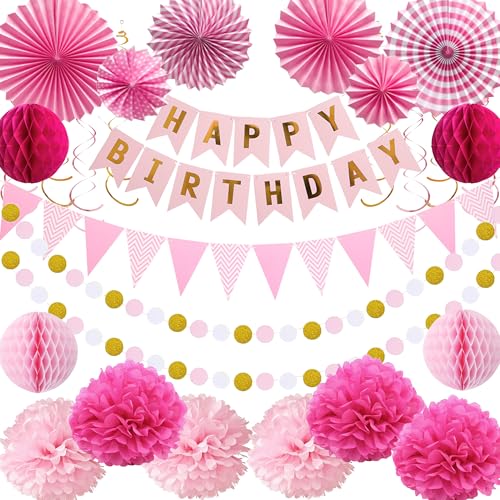 Rosa Geburtstagsdekorationen für Mädchen - Frauen Happy Birthday Banner Set Papierfächer Papier Pompon Wimpel Banner Premium Wiederverwendbare Geburtstagsfeier Dekorationen für Frau Tochter Schwester von Aoyama