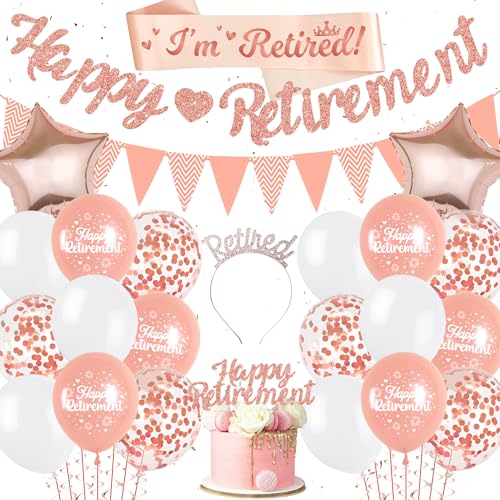 Rose Gold Happy Retirement Decorations - The Legend Has Retired Decoration Includes Banner Pennant Cake Topper Balloons Headband I'm Retired Sash, for Women Goodbye Tension Hello Pension Themed Party von Aoyama