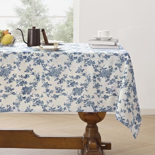 Aoztio Rustikale Blume Drucken Rechteckig Tischdecke, Maschine waschbar Baumwolle Leinen Tischdecke, Indoor Outdoor Vintage Tischdecke für den täglichen Gebrauch - Blaue Blume, 140 × 200cm von Aoztio