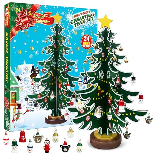 2023 Weihnachts-Adventskalender für Kinder, 24 Tage Countdown-Kalender, Holz-Tisch-Weihnachtsbaum mit 28 Ornamenten, Dekoration, 2023 Weihnachtsgeschenke für Jungen und Mädchen (grün) von ApisNest