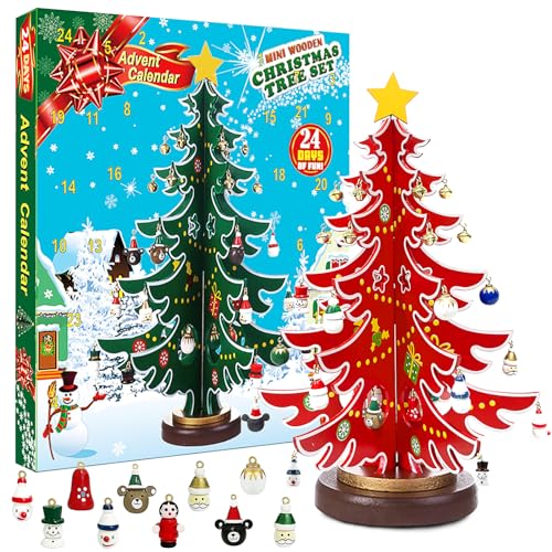 ApisNest 2024 Weihnachts-Adventskalender für Kinder, 24 Tage Countdown-Kalender, Holz-Tisch-Weihnachtsbaum mit 28 Ornamenten, Dekoration, 2024 Weihnachtsgeschenke für Jungen und Mädchen (rot) von ApisNest