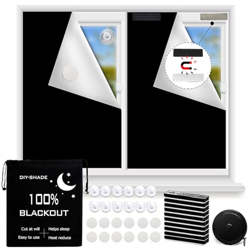 Fenster Magnetische Tragbare 100% Verdunkelung Verdunkelungsrollo Reise-Verdunkelungsvorhänge,ohne Bohren freischnitt mit 12 x Saugnäpfen, 12 x Magnetverschlüssen，(Schwarz, 145 x 300 cm) von ApisNest