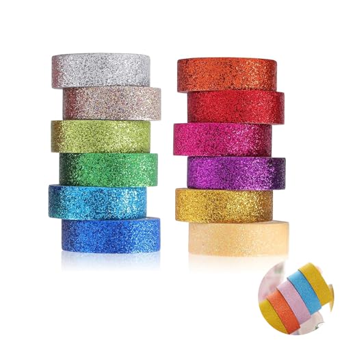 12 Rollen Washi Tape Set, Bunte Glitzernde Bänder Farbmaskierungsband Klebeband aus Papier mit Glitter Funkelnd Dekoratives Klebeband Bunt Masking Dekrativer Bastelband für DIY Scrapbooking 15mmx3m von Apkpesterml