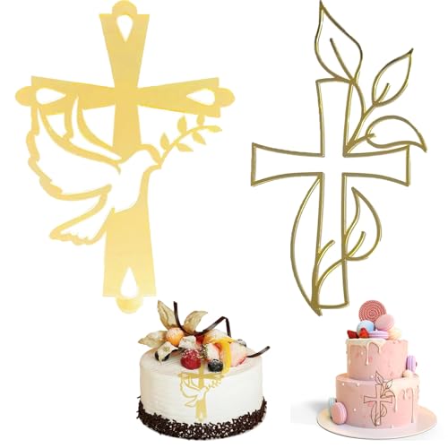 2 Stück Kuchendeko Kreuz Cake Topper Taube Gold Acryl Torte Deko, Taufe Spiegel Kuchen Dekoration Tortenstecker Caketopper Firmung Tortendeko Taufdeko Tortentopper für Hochzeit Geburtstag Kommunion von Apkpesterml