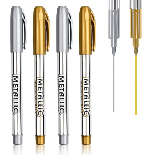 4 Stück Gold Silber Metallic Marker Stifte Set, Metallisch Markierstifte Glänzende Highlight Permanente Acrylmarker Silberstift Kartenschreibstift Dauerhaft Malstifte Goldstift für Papier 1.5mm von Apkpesterml