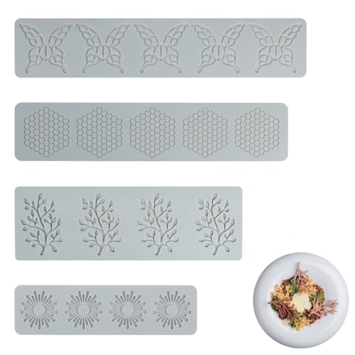 4 Stück Silikon-Spitzen-Matte, Spitze Form Matte Silikonformen, Fondant Kuchenform Dekorative Blumenkante Werkzeuge 3D Fondant Kuchen Prägung Matte Präge Kuchen Dekorieren Schablonen für Backen von Apkpesterml