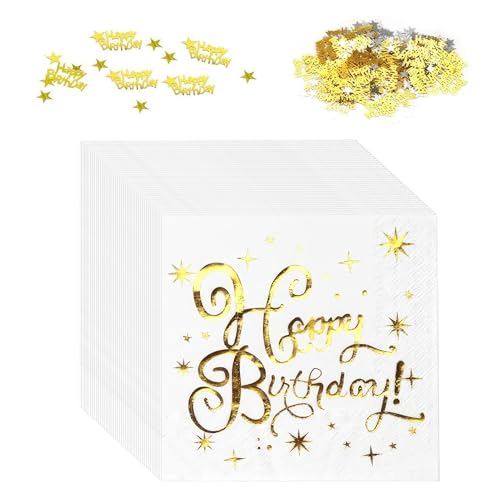 40 Stück Servietten Happy Birthday, 25 x 25 cm Geburtstag Folierte Geburtstagsservietten mit Happy Birthday-Konfetti Weiß Gold Papierservietten Paper Napkins für Junge mädchen Geburtstag Party Deko von Apkpesterml