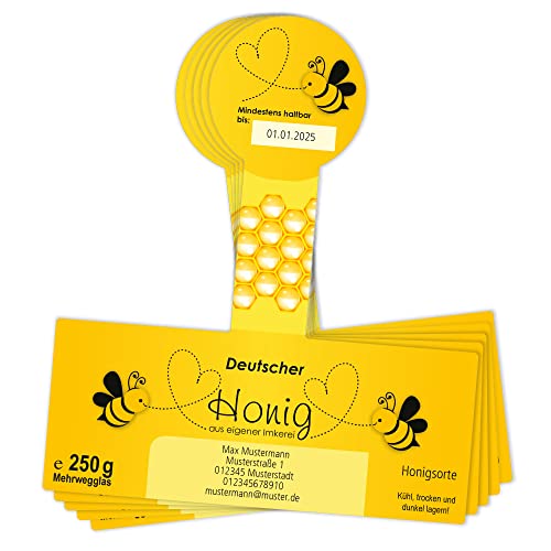 Apoidea – Honig Etiketten 250 g mit Gewährverschluss selbstklebend & personalisierbar - 100 Stück/Etiketten Honiggläser/Honig Aufkleber für selbstgemachten Honig/Honigetiketten für Honiggläser von Apoidea