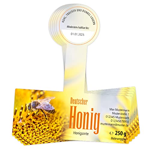 Apoidea – Honig Etiketten 250 g mit Gewährverschluss selbstklebend & personalisierbar - 200 Stück/Etiketten Honiggläser/Honig Aufkleber für selbstgemachten Honig/Honigetiketten für Honiggläser von Apoidea