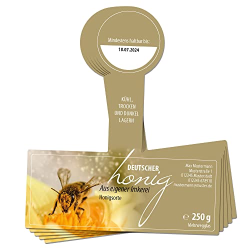 Apoidea – Honig Etiketten 250 g mit Gewährverschluss selbstklebend & personalisierbar - 50 Stück/Etiketten Honiggläser/Honig Aufkleber für selbstgemachten Honig/Honigetiketten für Honiggläser von Apoidea