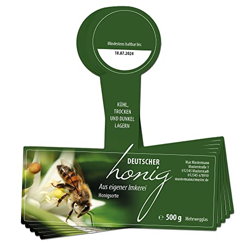 Apoidea – Honig Etiketten 500g mit Gewährverschluss selbstklebend & personalisierbar - 50 Stück/Etiketten Honiggläser/Honig Aufkleber für selbstgemachten Honig/Honigetiketten für Honiggläser von Apoidea