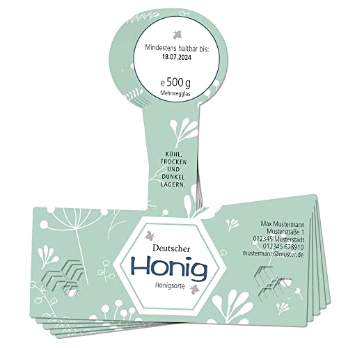 Apoidea – Honig Etiketten Cut-Out mit Gewährverschluss selbstklebend & personalisierbar - 500 Stück/Etiketten Honiggläser 500g / Honig Aufkleber für selbstgemachten Honig/Honigetiketten von Apoidea