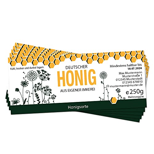 Apoidea – Honig Etiketten Rechteckig selbstklebend & personalisierbar - 100 Stück/Etiketten Honiggläser 250g / Honig Aufkleber für selbstgemachten Honig/Honigetiketten für Honiggläser von Apoidea