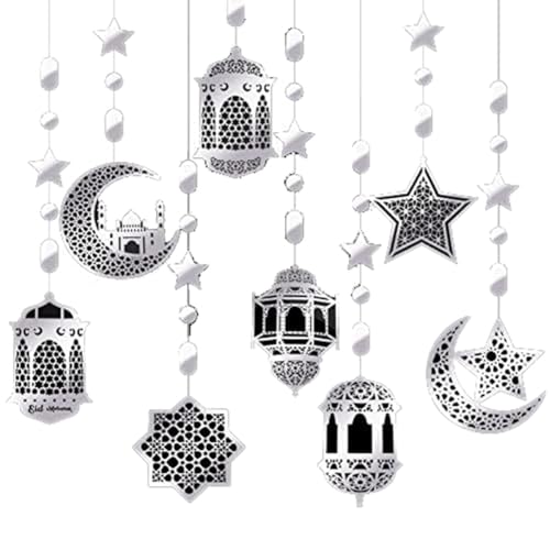 Aposous 24-Teiliges Party-Banner, Islamischer Stern Mond Laterne Ramadan Girlande Eid Dekoration Streamer Ramadan Mubarak Party-Banner, Silber von Aposous