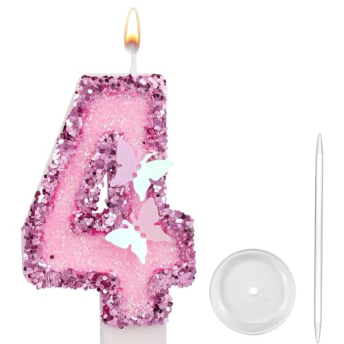 Zahl Geburtstagskerze, rosa Pailletten Glitzer Schmetterling Geburtstag Zahl Kerze Kuchen Topper für Jahrestag und Geburtstag Feiern Supplies (Nummer 4) von Aprildecember