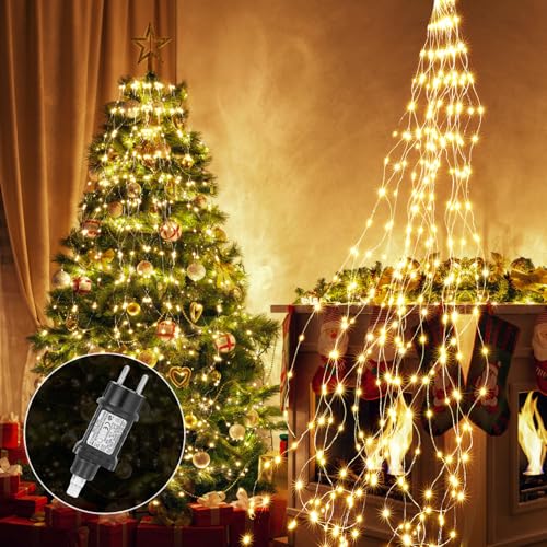 Apritsce Lichterschweif, 2 M 200 LED Lichterkette mit Stecker, Lichterkette Wasserfall 8 Modi, LED Weihnachtsbeleuchtung mit Timer, Lichterbündel für Weihnachten Baum Balkon Innen Deko (Warmweiß) von Apritsce