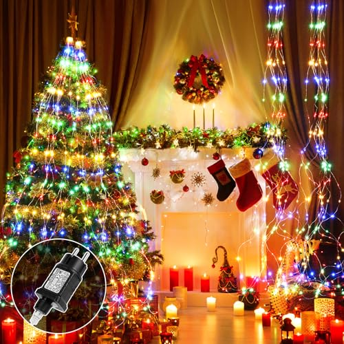 Apritsce Lichterschweif 2 Stück, 2 M 200 LED Lichterkette mit Stecker, Lichterkette Wasserfall 8 Modi, LED Weihnachtsbeleuchtung mit Timer, Lichterbündel für Weihnachten Balkon Innen Deko (Farbe) von Apritsce