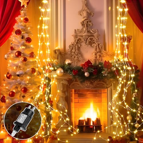 Apritsce Lichterschweif 2 Stück, 2 M 200 LED Lichterkette mit Stecker, Lichterkette Wasserfall 8 Modi, LED Weihnachtsbeleuchtung mit Timer, Lichterbündel für Weihnachten Balkon Innen Deko (Warmweiß) von Apritsce