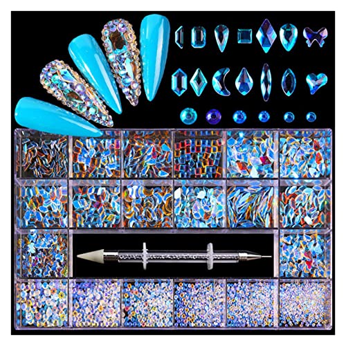 Aqxyedc 2500 stücke luxus glänzend diamant nail art strass kristall dekorationen set Ab GLASS 1 STÜCKE Pick-Stift in Gitter-Box 21 Form wanglan(Color:Aurora Color) von Aqxyedc