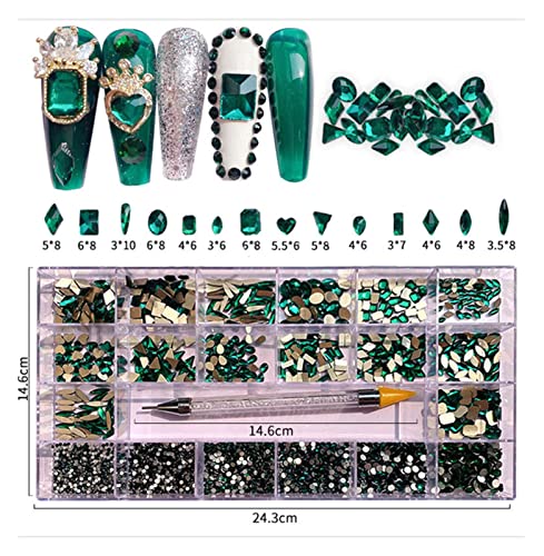 Aqxyedc 2500 stücke luxus glänzend diamant nail art strass kristall dekorationen set Ab GLASS 1 STÜCKE Pick-Stift in Gitter-Box 21 Form wanglan(Color:Green 2500pcs) von Aqxyedc