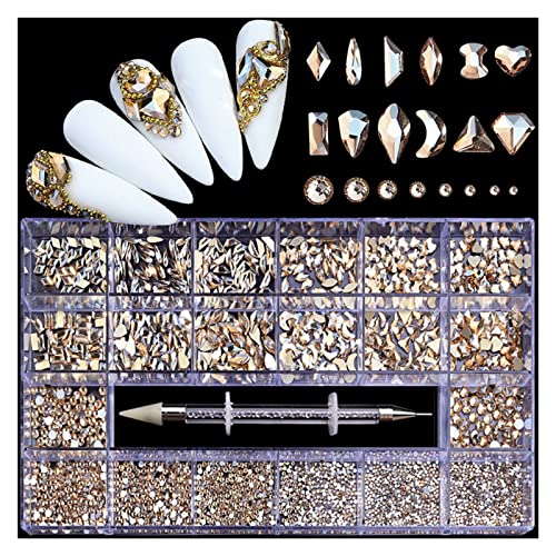 Aqxyedc 2500 stücke luxus glänzend diamant nail art strass kristall dekorationen set Ab GLASS 1 STÜCKE Pick-Stift in Gitter-Box 21 Form wanglan(Color:Peach 2500pcs) von Aqxyedc