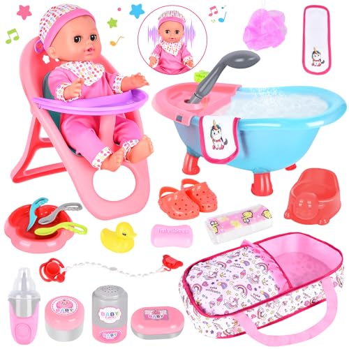 Aragallant Babypuppen Zubehörset mit Puppen, Badezubehör für Baby und Kleinkindpuppen Wasser Drücken Badewanne, Spielpuppe mit Funktionen, Geschenkset für Kinder ab 3 Jahren, Baby Puppe Kleidung von Aragallant