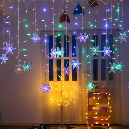 Aragallant LED Sterne Lichterketten, 4M LED Lichterketten Schneeflocken, 96 LED Fenstervorhang Lichterkette, Sternenvorhang mit 8 Modi Light für Weihnachten Geburtstag Party Hochzeit (Bunt) von Aragallant