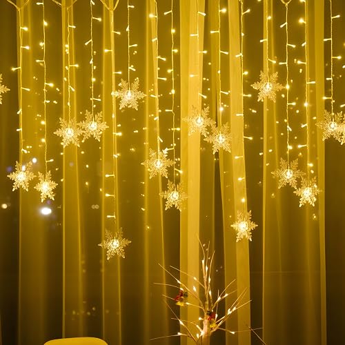 Aragallant LED Sterne Lichterketten, 4M LED Lichterketten Schneeflocken, 96 LED Fenstervorhang Lichterkette, Sternenvorhang mit 8 Modi Light für Weihnachten Geburtstag Party Hochzeit (Warmes Weiß) von Aragallant