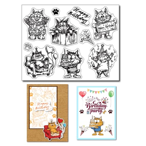 Arbuya Geburtstag Katzen Clear Stamp Geburtstag Kuchen Silikon Klar Stempel Geschenkbox Dichtungen Gummistempel für DIY Scrapbooking Journals Dekorative Karten machen Fotoalbum Deko von Arbuya