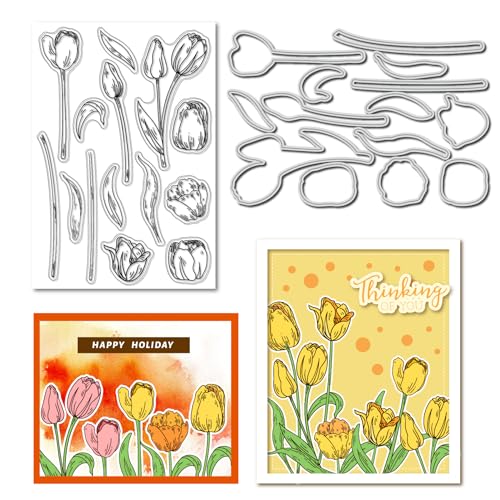 Arbuya Transparente Stempel und passende Stanzformen Set mit Tulpenblumen, wiederverwendbare Stempel mit Stanzformen für Karten, handgefertigte Blumenkarten, Papierbastelarbeiten, DIY Scrapbooking von Arbuya