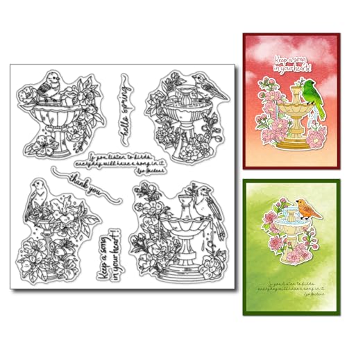 Arbuya Transparentes Stempel-Set mit Blumen und Vögeln – europäischer Garten-Themenstempel mit Vögeln, Blumen und Brunnen und Gefühlen für Kartenherstellung, Scrapbooking, Tagebuch, Geschenkanhänger, von Arbuya