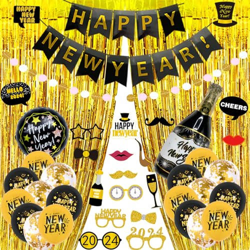 Arecobticy Luftballons, 2024 Neujahrsparty-Dekorationsset, eleganter schwarzer und goldener Themenballon, Happy New Year's Celebration Party Supplies von Arecobticy