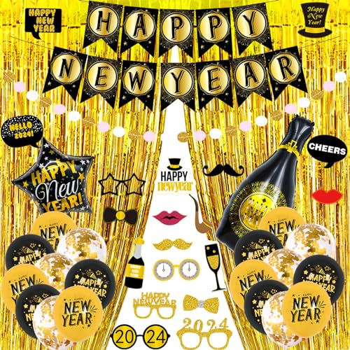 Arecobticy Luftballons, 2024 Neujahrsparty-Dekorationsset, eleganter schwarzer und goldener Themenballon, Happy New Year's Celebration Party Supplies von Arecobticy