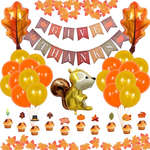 Arecobticy Luftballons, Thanksgiving-Ballon-Set, Party-Dekoration, Eichhörnchen, Ahornblatt-Ballon-Zubehör mit Bannern, Kuchenaufsätzen von Arecobticy