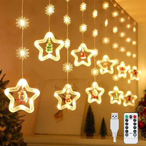 Arespark LED Sterne Lichterkette, 3M LED Lichtervorhang + 2,7M USB Kable, 120 LED Weihnachtsbeleuchtung 8 Modi IP65 mit Weihnachtsbaum Weihnachtsmann Für Weihnachten Balkon Hochzeit von Arespark