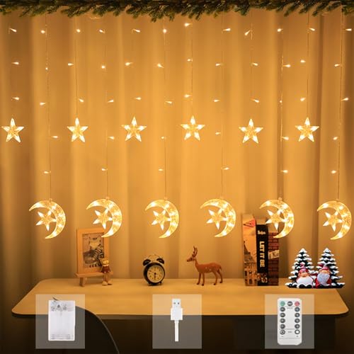 Arespark Sterne Mond Lichterkette, 120 LED Weihnachtsbeleuchtung, 3.5m 8 Modi Lichtervorhang USB/Batterie mit Fernbedienung für Hochzeit Party Fenster Balkon, Weihnachtsdeko von Arespark