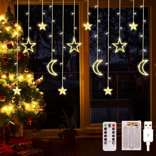 Arespark Sterne Mond Lichterkette, 3,5M LED Weihnachtsbeleuchtung, Lichtervorhang Batteriebetriebe/USB, 8 Modi Vorhanglicht Ideal für Hochzeit Party Fenster Balkon, Weihnachtsdeko von Arespark