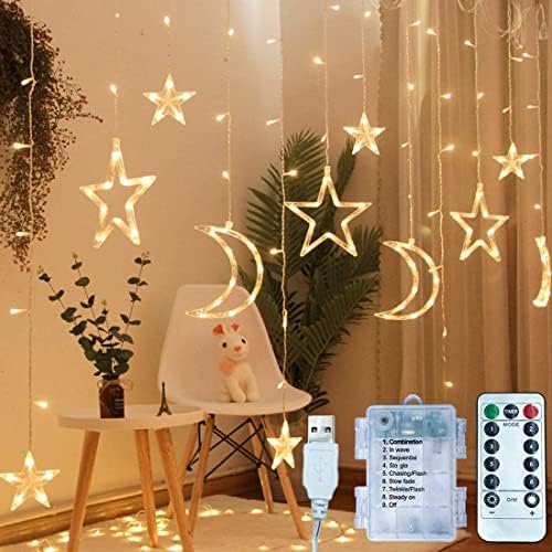 LED Mond Sterne Lichterkette, Arespark 3,5M Lichtervorhang Batteriebetriebe+USB Ramadan Lichterkette Weihnachtsbeleuchtung Sternenvorhang, 8 Modi, IP44, Ideal für Fenstervorhang Weihnachten Balkon von Arespark