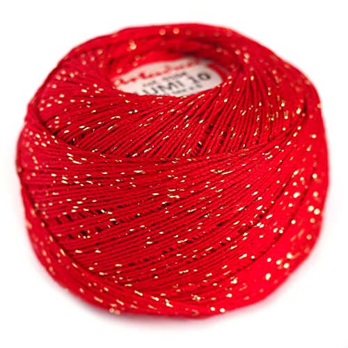 Häkelgarn aus Baumwolle mit Metallic-Garn, Größe 10, 50 g, LUMI (Rot/Gold 104) von Ariadna