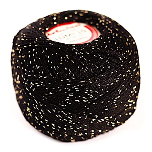 Häkelgarn aus Baumwolle mit Metallic-Garn, Größe 10, 50 g, LUMI (Schwarz/Gold 109) von Ariadna