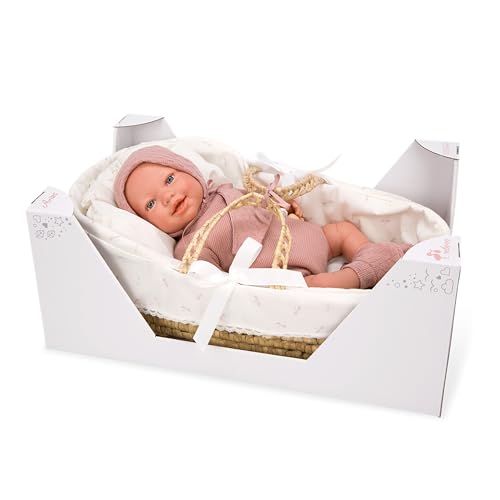 ARIAS Reborn Avana 45 cm Puppe mit Korbweide, realistisches Baby mit rosa Kleidung, Schnuller und Schnuller, Vinylspitzen und weichem Körper, Spielzeug für Jungen und Mädchen ab 3 Jahren (ARI98122) von Arias