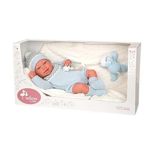 ARIAS Reborn Ibai Puppe mit Decke und Plüsch, realistisches Baby mit Blauer Kleidung, Schnuller und Schnuller, Vinylspitze und weichem Körper, Spielzeug für Jungen und Mädchen ab 3 Jahren (ARI98153) von Arias