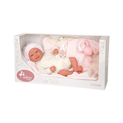 ARIAS Reborn Viviane Puppe mit Decke und Plüsch, realistische Babypuppe mit weißer Kleidung, Schnuller und Schnuller, Vinylspitzen und weichem Körper, Spielzeug für Jungen und Mädchen ab 3 Jahren von Arias