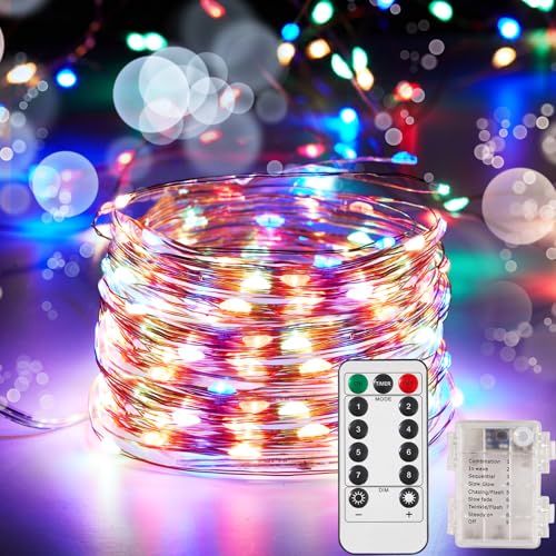 Ariceleo 10m 100 LED Wasserdichte Lichterkette, Batteriebetrieben, 1 Packung Mehrfarbig Kupferdraht-Lichter mit Fernbedienung, Timer & Funkelmodus, Ideal für Schlafzimmer Hochzeit Weihnachtsdekoration von Ariceleo