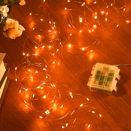 Ariceleo 10m 100 LED Wasserdichte Lichterkette, Batteriebetrieben, 1 Packung Orange Kupferdraht-Lichter mit Fernbedienung, Timer & Funkelmodus, Ideal für Schlafzimmer Hochzeit Weihnachtsdekoration von Ariceleo