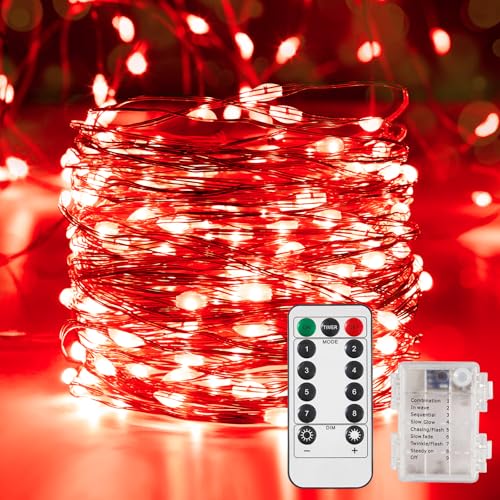 Ariceleo 10m 100 LED Wasserdichte Lichterkette, Batteriebetrieben, 1 Packung Rot Kupferdraht-Lichter mit Fernbedienung, Timer & Funkelmodus, Ideal für Schlafzimmer Hochzeit Weihnachtsdekoration von Ariceleo